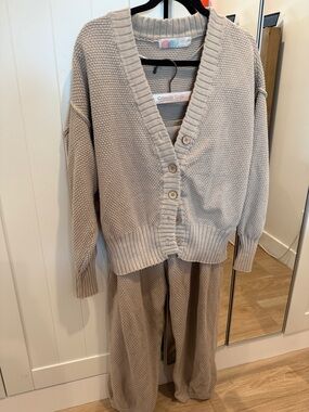 FP Hailee Cardi Set Cozy Chunky Knit Button-Up Cardigan and Pants Set in Peyote